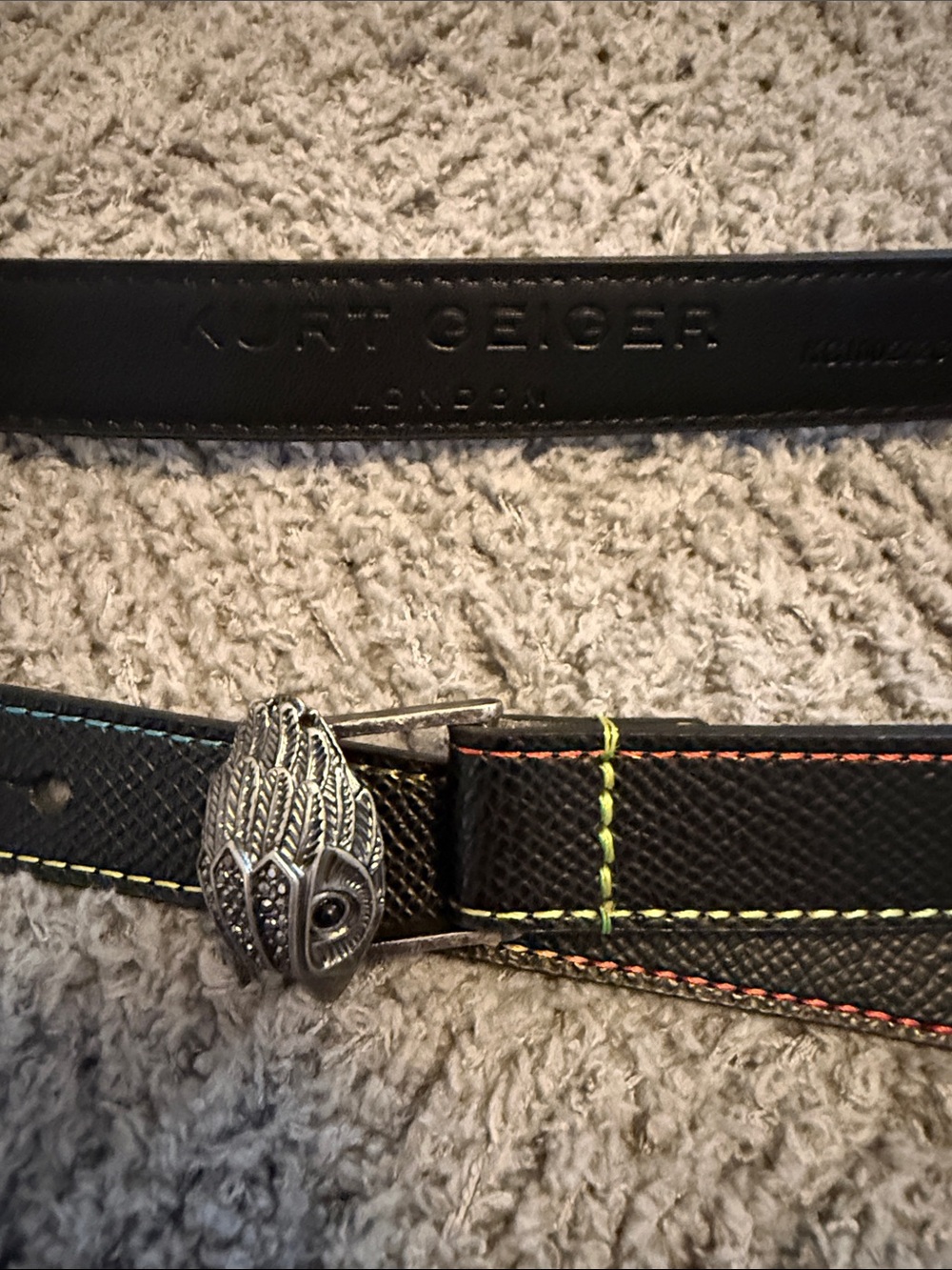 Kurt Geiger Black Leather Belt with Multicolor Stitching and Silver Owl Buckle